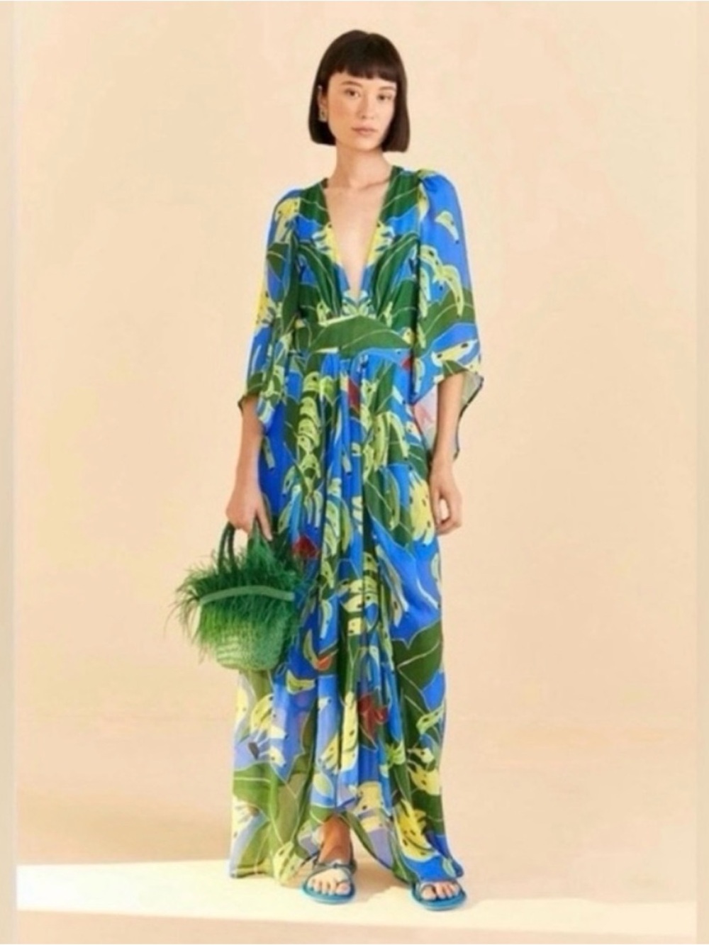 FARM Rio Banana Leaves Blue Maxi Dress Small